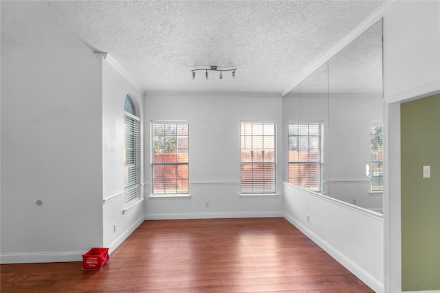 spare room featuring wood-type flooring, a textured ceiling, and ornamental molding