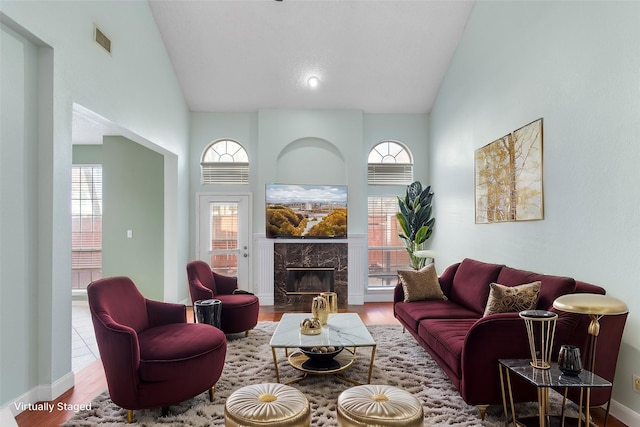 living room with a fireplace, high vaulted ceiling, and wood-type flooring