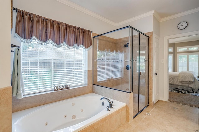 bathroom featuring crown molding, independent shower and bath, and a healthy amount of sunlight