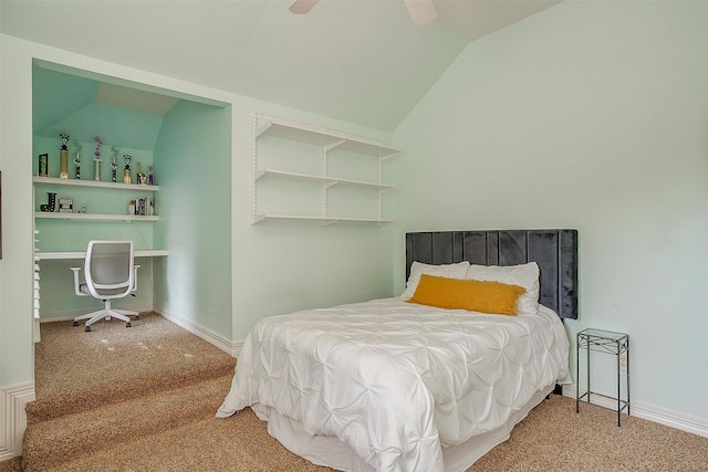 bedroom featuring carpet floors, ceiling fan, and vaulted ceiling