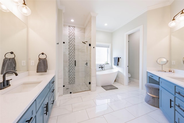 full bathroom featuring crown molding, shower with separate bathtub, vanity, and toilet