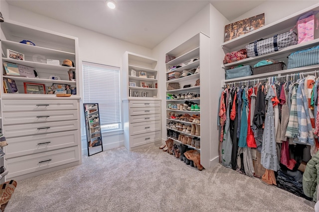 spacious closet featuring light colored carpet