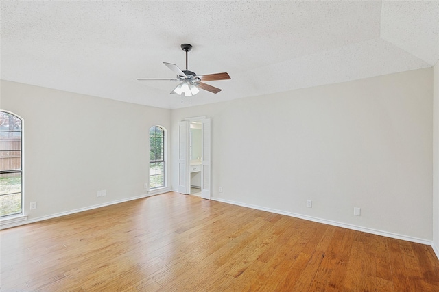 empty room featuring a healthy amount of sunlight, a textured ceiling, and light hardwood / wood-style flooring