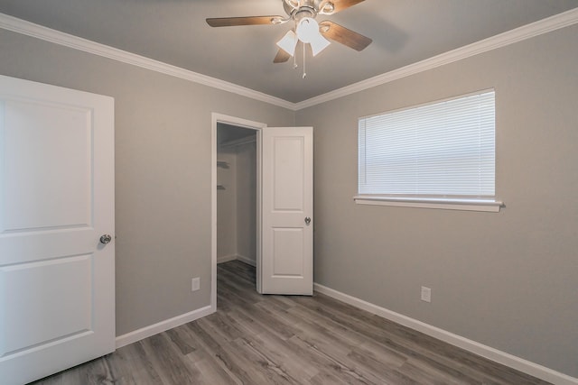 unfurnished bedroom featuring crown molding, a walk in closet, a closet, hardwood / wood-style flooring, and ceiling fan