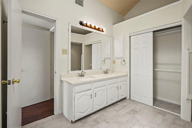 bathroom with vanity, hardwood / wood-style floors, and lofted ceiling