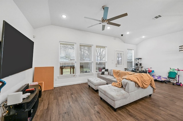 living room with lofted ceiling, dark wood-type flooring, and ceiling fan