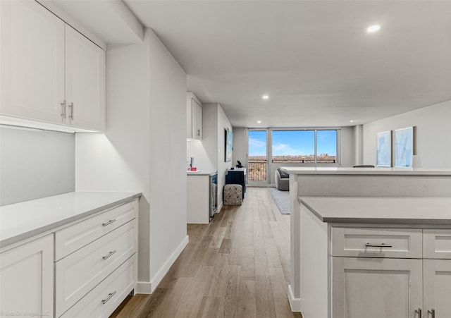 kitchen with light hardwood / wood-style flooring and white cabinets