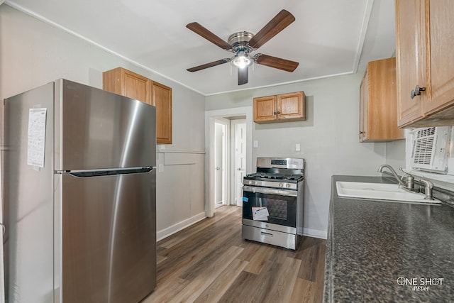 kitchen featuring dark wood-type flooring, ceiling fan, stainless steel appliances, and sink