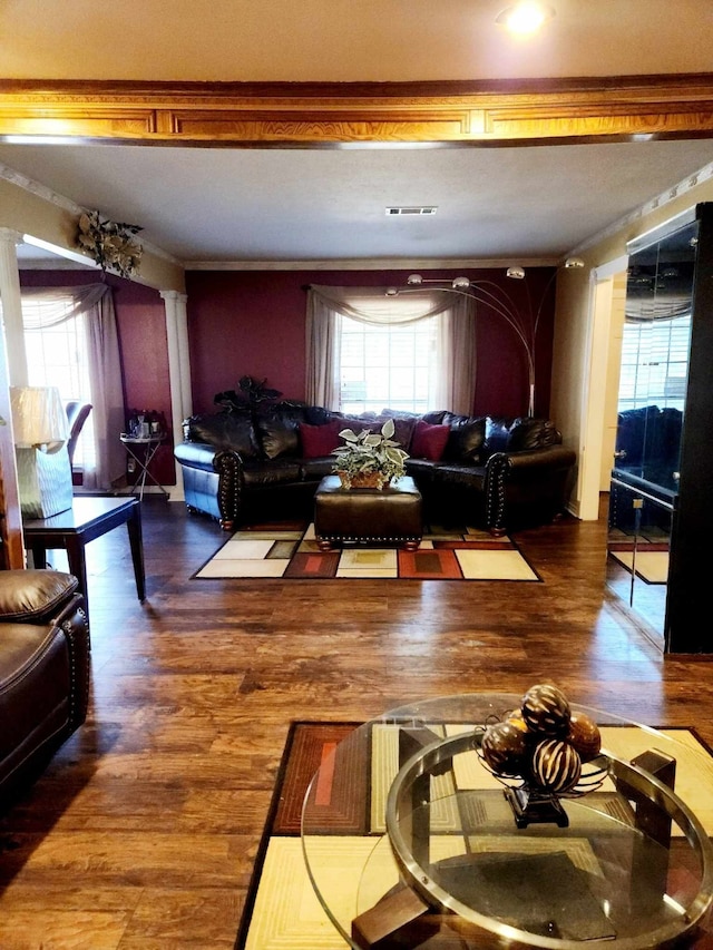 living room featuring crown molding, a healthy amount of sunlight, and wood-type flooring