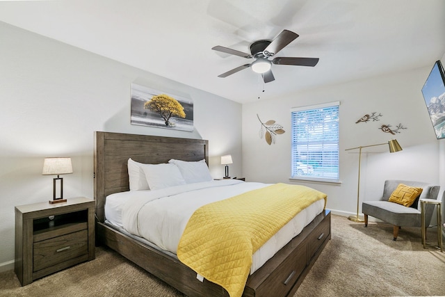 carpeted bedroom featuring ceiling fan