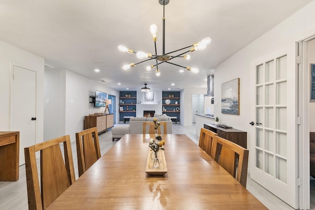 dining room with built in shelves