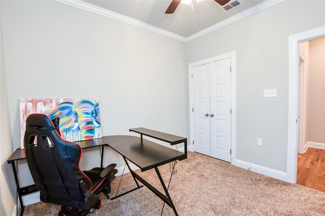 office with ceiling fan, ornamental molding, and carpet