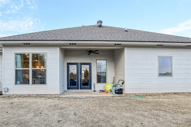 back of house with french doors, ceiling fan, and a patio area