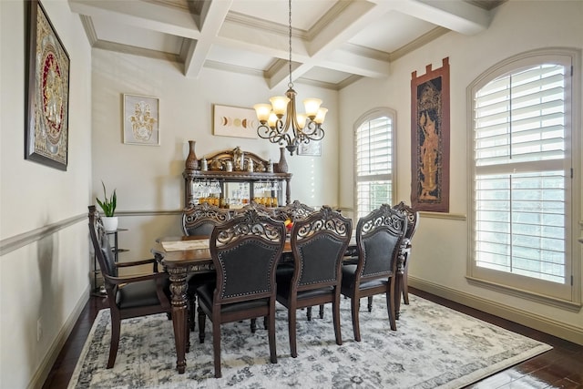 dining space with beam ceiling, coffered ceiling, a chandelier, and dark hardwood / wood-style flooring