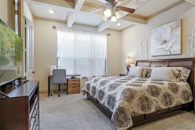 bedroom featuring ornamental molding, coffered ceiling, light colored carpet, and beam ceiling