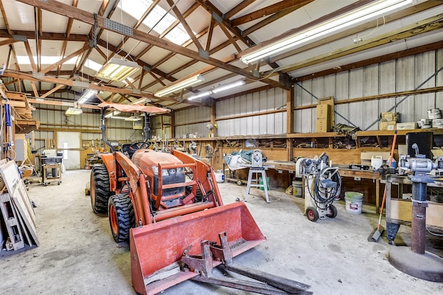 garage with a workshop area