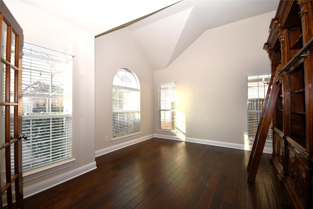 unfurnished room with lofted ceiling and dark hardwood / wood-style flooring