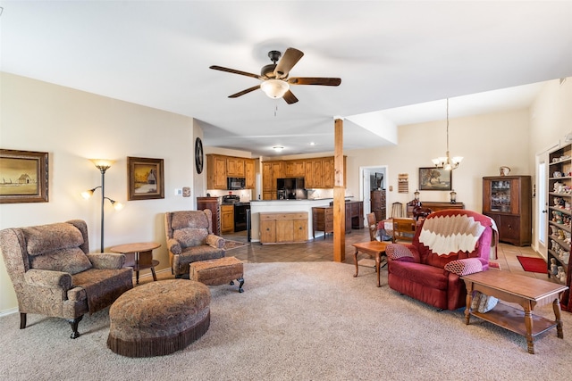 living room with light carpet and ceiling fan with notable chandelier