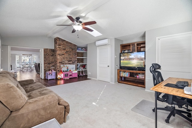 living room featuring ceiling fan, vaulted ceiling with beams, a wall unit AC, carpet floors, and a textured ceiling