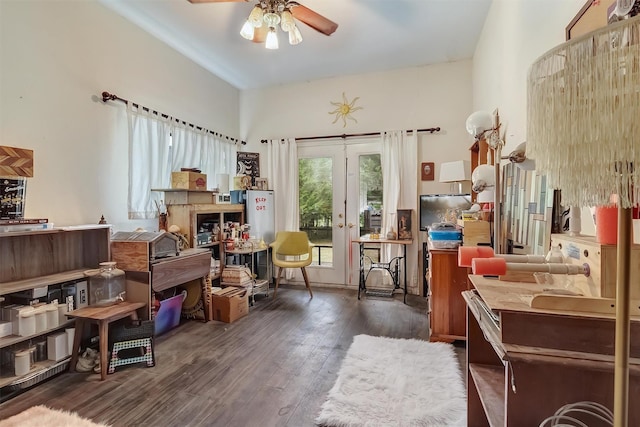 misc room featuring lofted ceiling, dark wood-type flooring, and ceiling fan