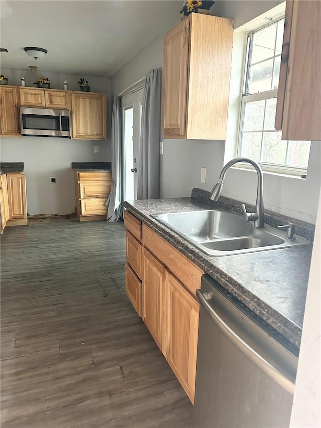 kitchen with appliances with stainless steel finishes, dark hardwood / wood-style flooring, and sink