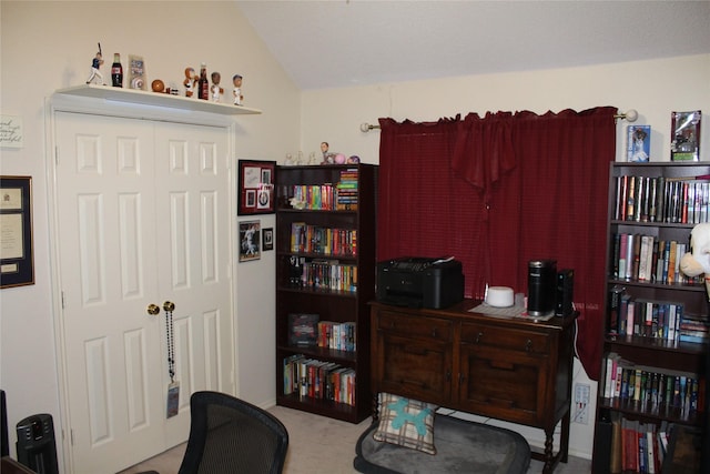 carpeted office with vaulted ceiling