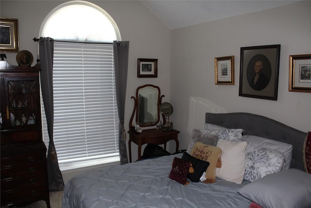 bedroom featuring multiple windows and vaulted ceiling