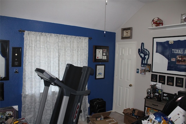 workout area with vaulted ceiling