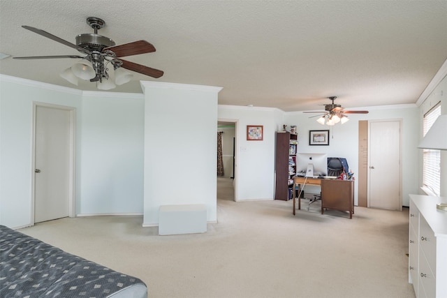 713 Devontree Ct, Fort Worth, TX 76052 - bedroom with light carpet, a ceiling fan, crown molding, and a textured ceiling