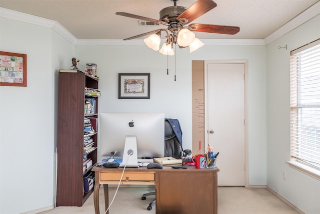713 Devontree Ct, Fort Worth, TX 76052 - home office featuring ornamental molding, baseboards, visible vents, a ceiling fan, and light carpet