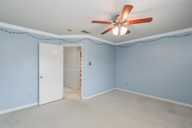 713 Devontree Ct, Fort Worth, TX 76052 - unfurnished room with visible vents, crown molding, baseboards, a ceiling fan, and carpet floors