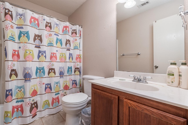 713 Devontree Ct, Fort Worth, TX 76052 - full bath with a shower with curtain, tile patterned flooring, vanity, toilet, and visible vents