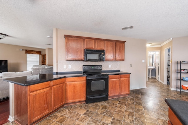 713 Devontree Ct, Fort Worth, TX 76052 - kitchen featuring visible vents, black appliances, dark countertops, and open floor plan