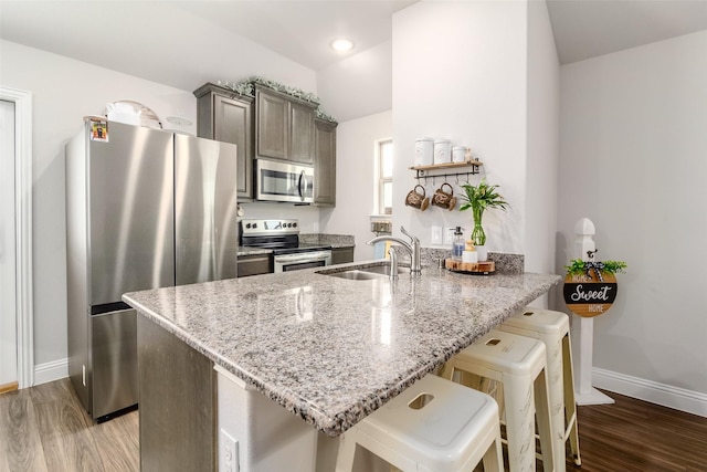 kitchen with sink, appliances with stainless steel finishes, a kitchen breakfast bar, kitchen peninsula, and hardwood / wood-style flooring