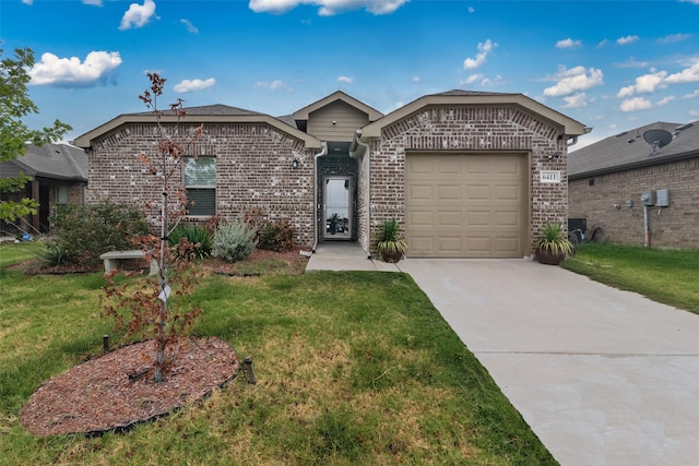 ranch-style home featuring a garage and a front lawn