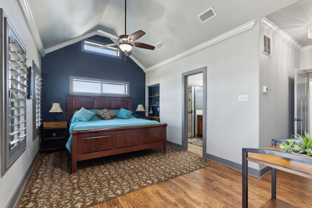 bedroom with crown molding, lofted ceiling, wood-type flooring, and ceiling fan