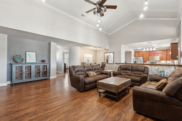 living room with dark hardwood / wood-style flooring, high vaulted ceiling, ornamental molding, and ceiling fan