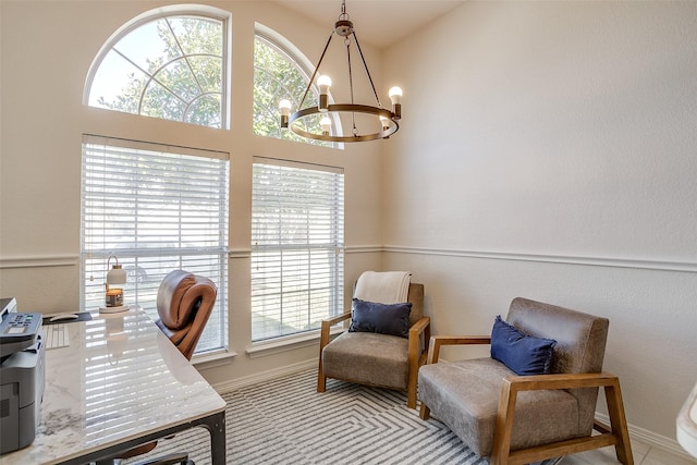 office featuring a wealth of natural light and a chandelier