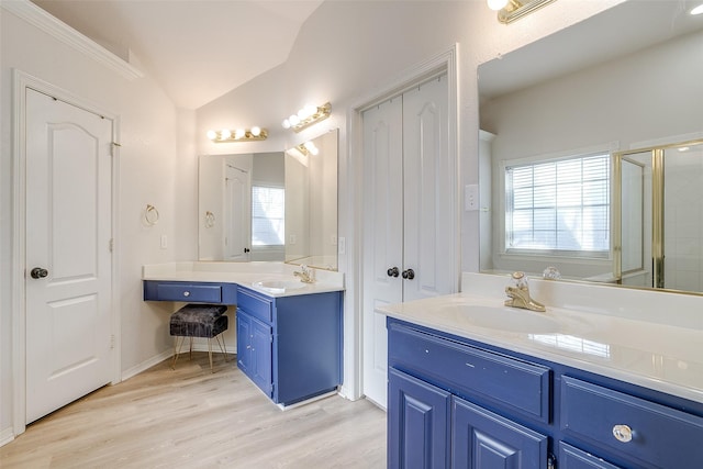 bathroom featuring hardwood / wood-style flooring, vaulted ceiling, vanity, and an enclosed shower