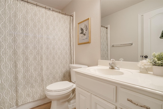 bathroom with vanity, wood-type flooring, and toilet