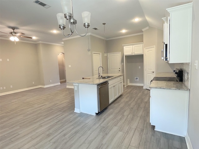 kitchen with white cabinetry, appliances with stainless steel finishes, a kitchen island with sink, and pendant lighting