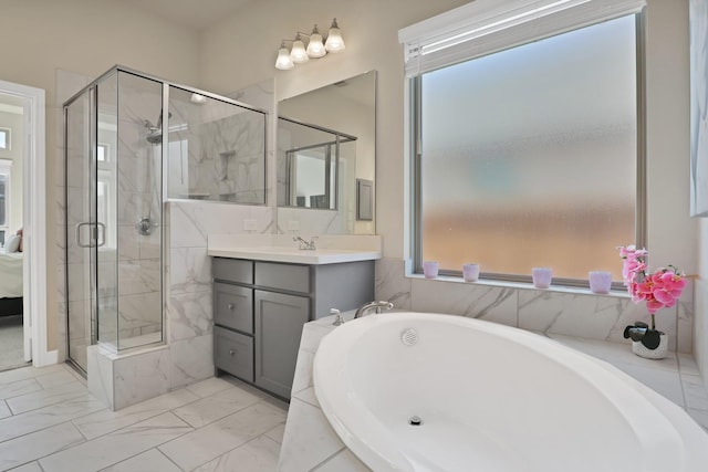 bathroom with vanity and plus walk in shower