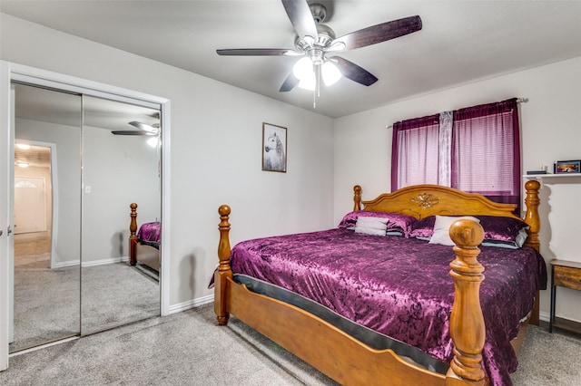 bedroom featuring carpet flooring, ceiling fan, and a closet