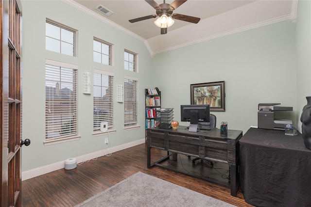 office space featuring high vaulted ceiling, ornamental molding, dark hardwood / wood-style floors, and ceiling fan