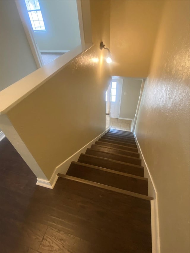 stairway featuring plenty of natural light and wood-type flooring