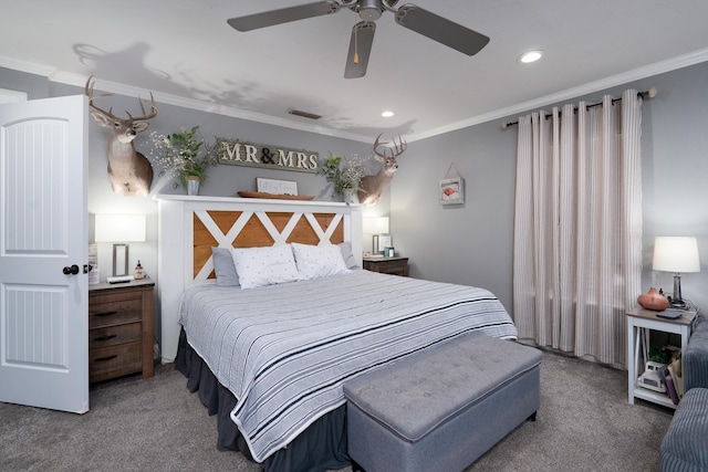 bedroom with crown molding, carpet flooring, and ceiling fan