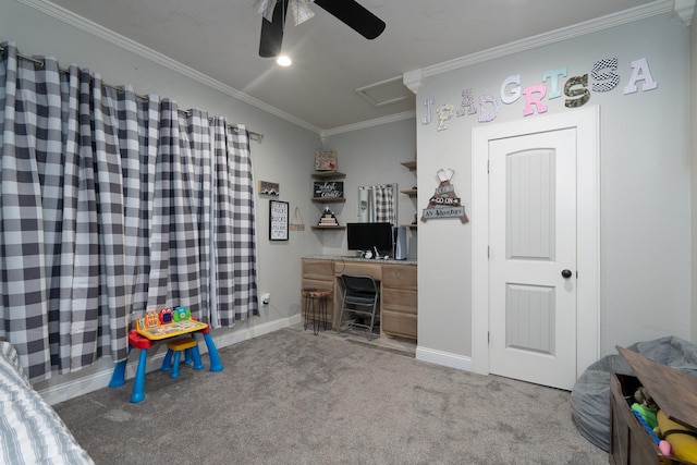 recreation room featuring light colored carpet, ornamental molding, and ceiling fan