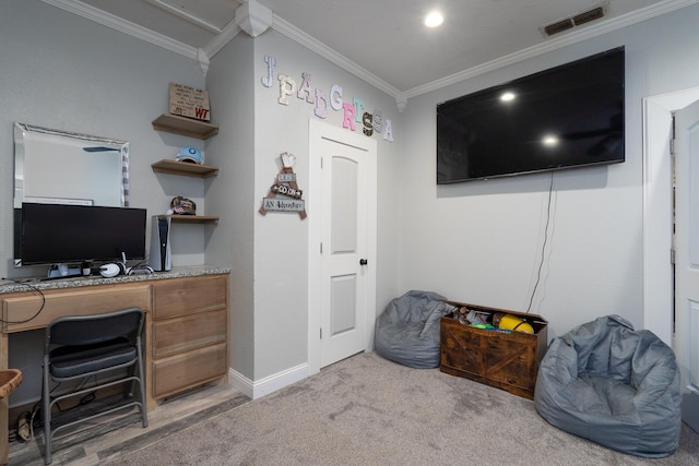 office featuring ornamental molding and carpet