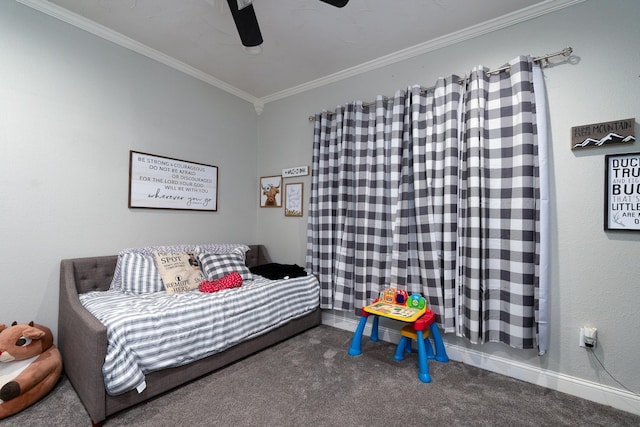 carpeted bedroom with crown molding and ceiling fan