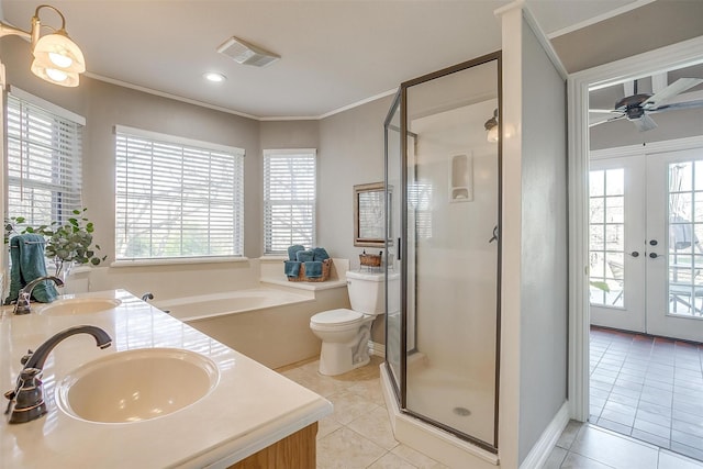 full bathroom featuring tile patterned flooring, crown molding, independent shower and bath, and french doors